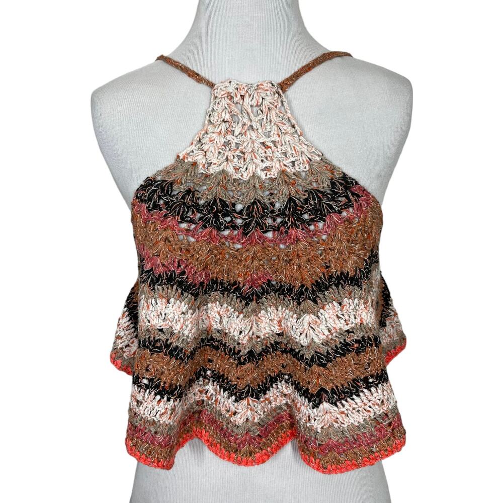 Handmade Crochet Halter Cropped Tank Top Small Cutout Pink Striped Festival Boho
